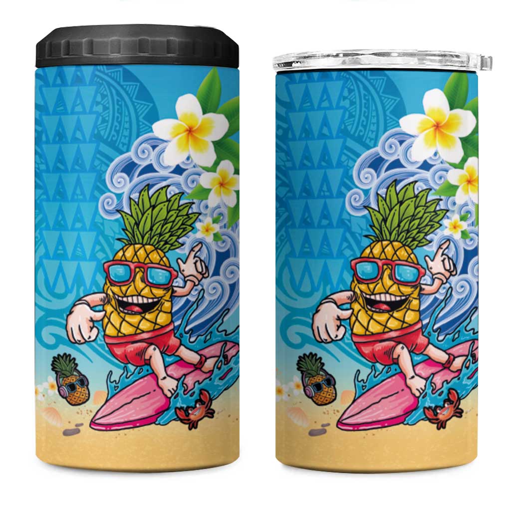 Hawaiian Funny Pineapple Surfing 4 in 1 Can Cooler Tumbler Beach with Tribal Kakau and Plumeria