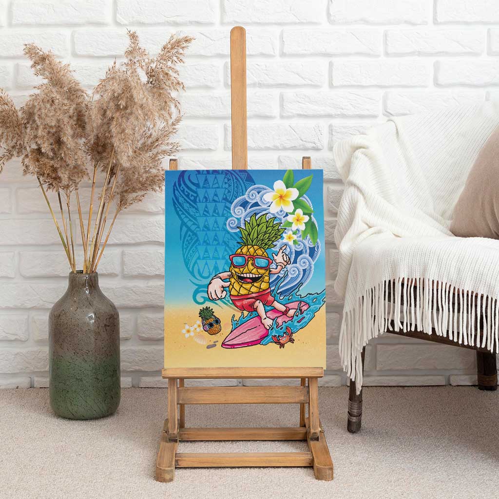 Hawaiian Funny Pineapple Surfing Canvas Wall Art Beach with Tribal Kakau and Plumeria