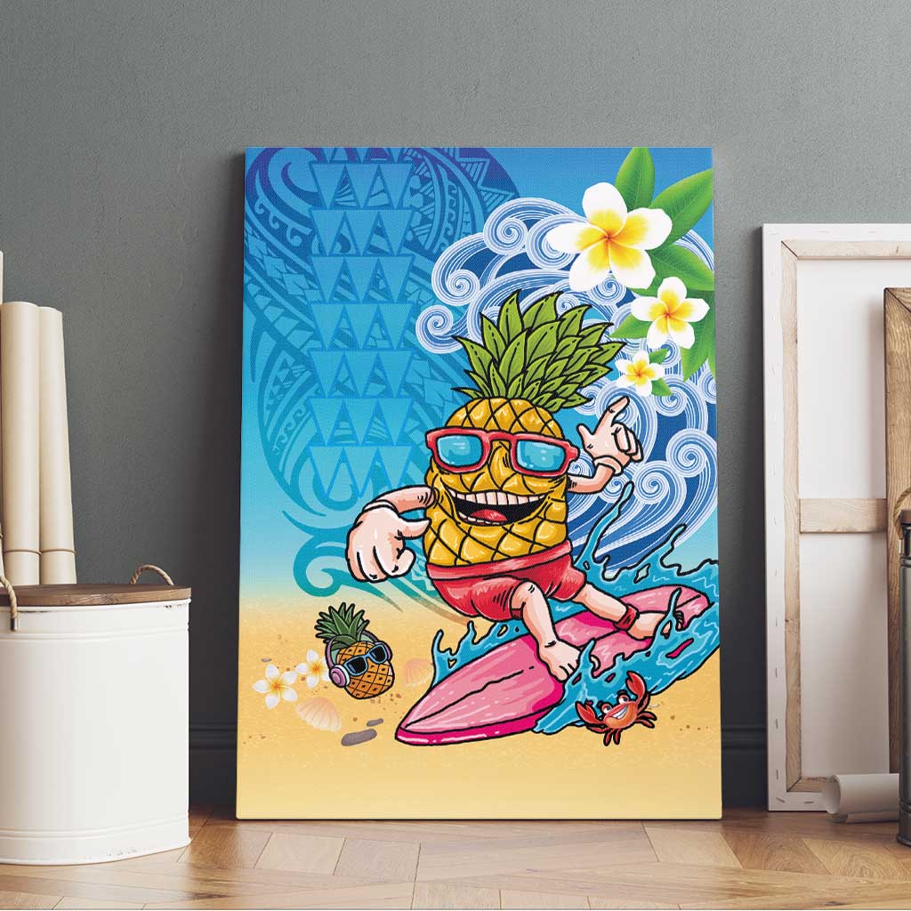 Hawaiian Funny Pineapple Surfing Canvas Wall Art Beach with Tribal Kakau and Plumeria