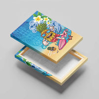 Hawaiian Funny Pineapple Surfing Canvas Wall Art Beach with Tribal Kakau and Plumeria