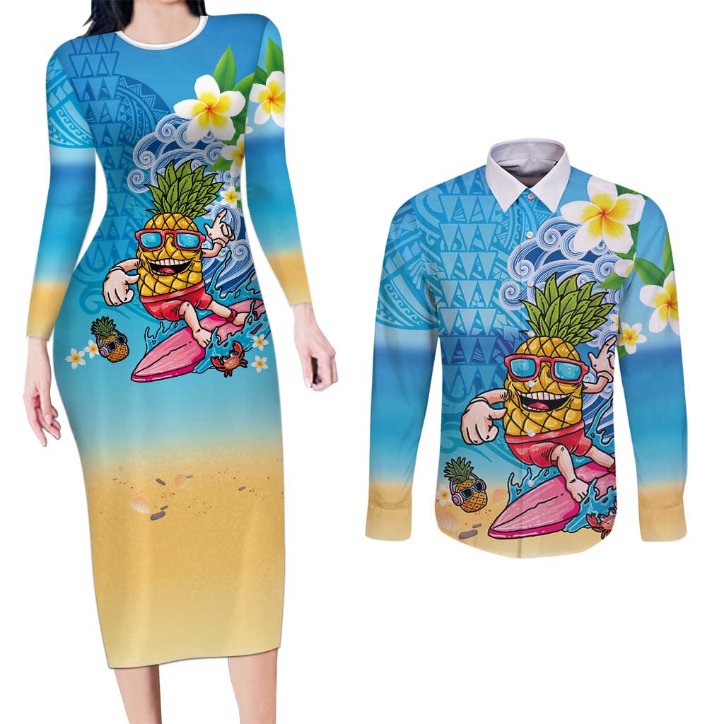 Hawaiian Funny Pineapple Surfing Couples Matching Long Sleeve Bodycon Dress and Long Sleeve Button Shirt Beach with Tribal Kakau and Plumeria LT03 Multicolor - Polynesian Pride