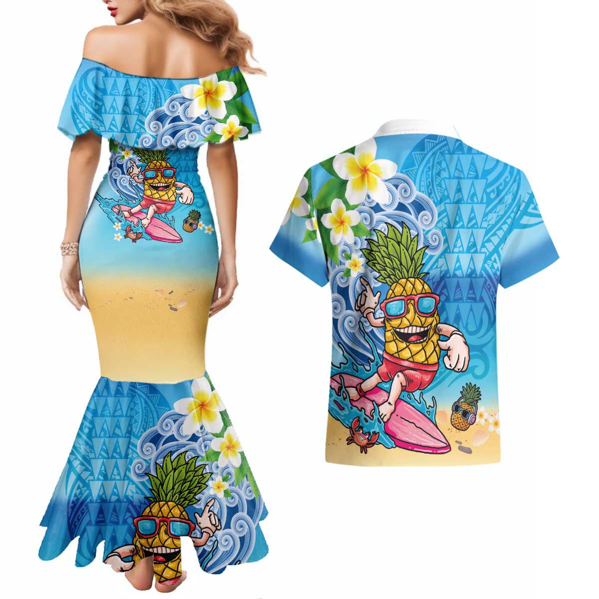 Hawaiian Funny Pineapple Surfing Couples Matching Mermaid Dress and Hawaiian Shirt Beach with Tribal Kakau and Plumeria LT03 - Polynesian Pride