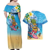 Hawaiian Funny Pineapple Surfing Couples Matching Off Shoulder Maxi Dress and Hawaiian Shirt Beach with Tribal Kakau and Plumeria LT03 - Polynesian Pride