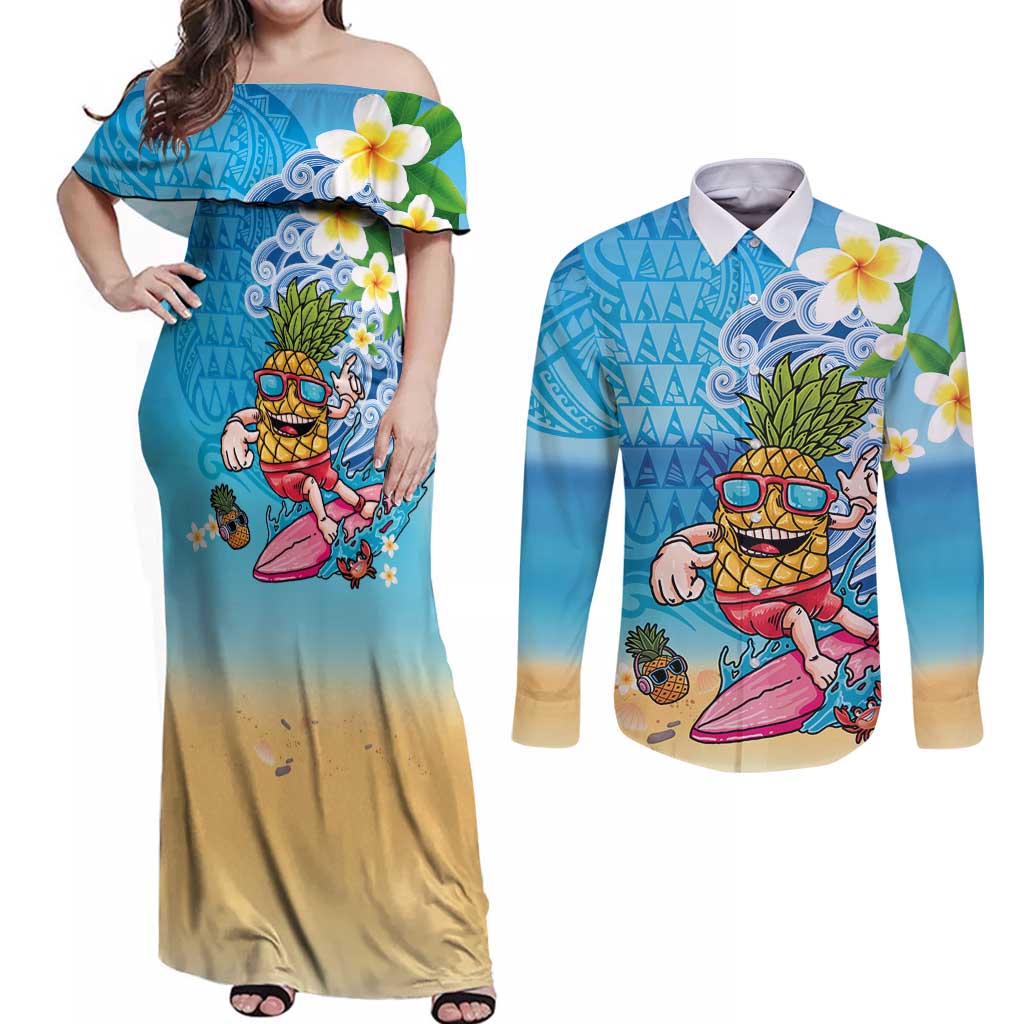 Hawaiian Funny Pineapple Surfing Couples Matching Off Shoulder Maxi Dress and Long Sleeve Button Shirt Beach with Tribal Kakau and Plumeria LT03 Multicolor - Polynesian Pride