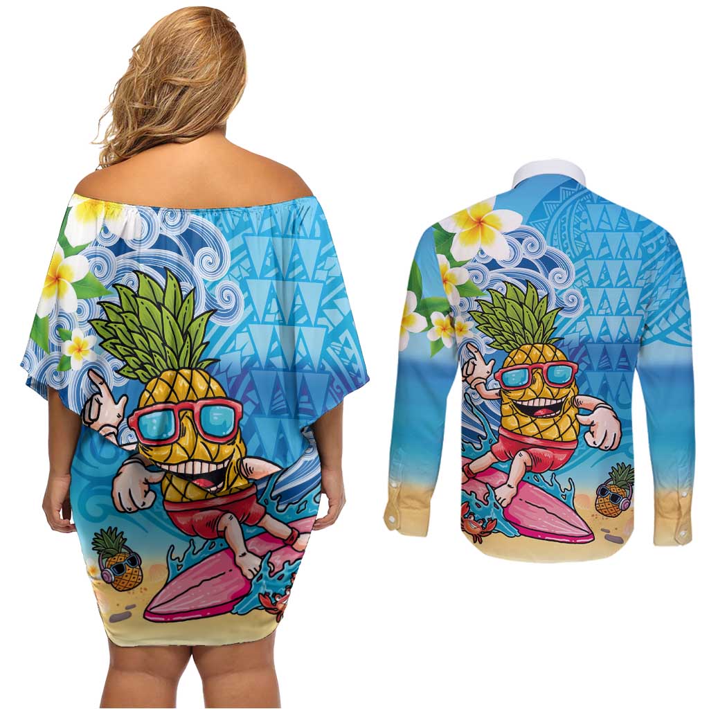Hawaiian Funny Pineapple Surfing Couples Matching Off Shoulder Short Dress and Long Sleeve Button Shirt Beach with Tribal Kakau and Plumeria LT03 - Polynesian Pride