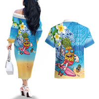 Hawaiian Funny Pineapple Surfing Couples Matching Off The Shoulder Long Sleeve Dress and Hawaiian Shirt Beach with Tribal Kakau and Plumeria LT03 - Polynesian Pride