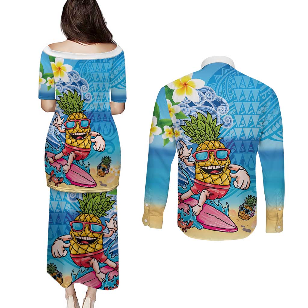 Hawaiian Funny Pineapple Surfing Couples Matching Puletasi and Long Sleeve Button Shirt Beach with Tribal Kakau and Plumeria