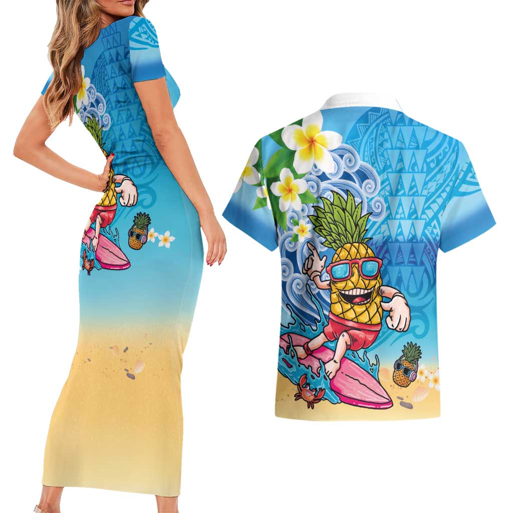 Hawaiian Funny Pineapple Surfing Couples Matching Short Sleeve Bodycon Dress and Hawaiian Shirt Beach with Tribal Kakau and Plumeria LT03 - Polynesian Pride