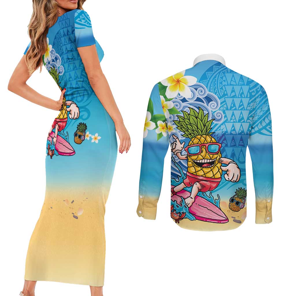 Hawaiian Funny Pineapple Surfing Couples Matching Short Sleeve Bodycon Dress and Long Sleeve Button Shirt Beach with Tribal Kakau and Plumeria LT03 - Polynesian Pride