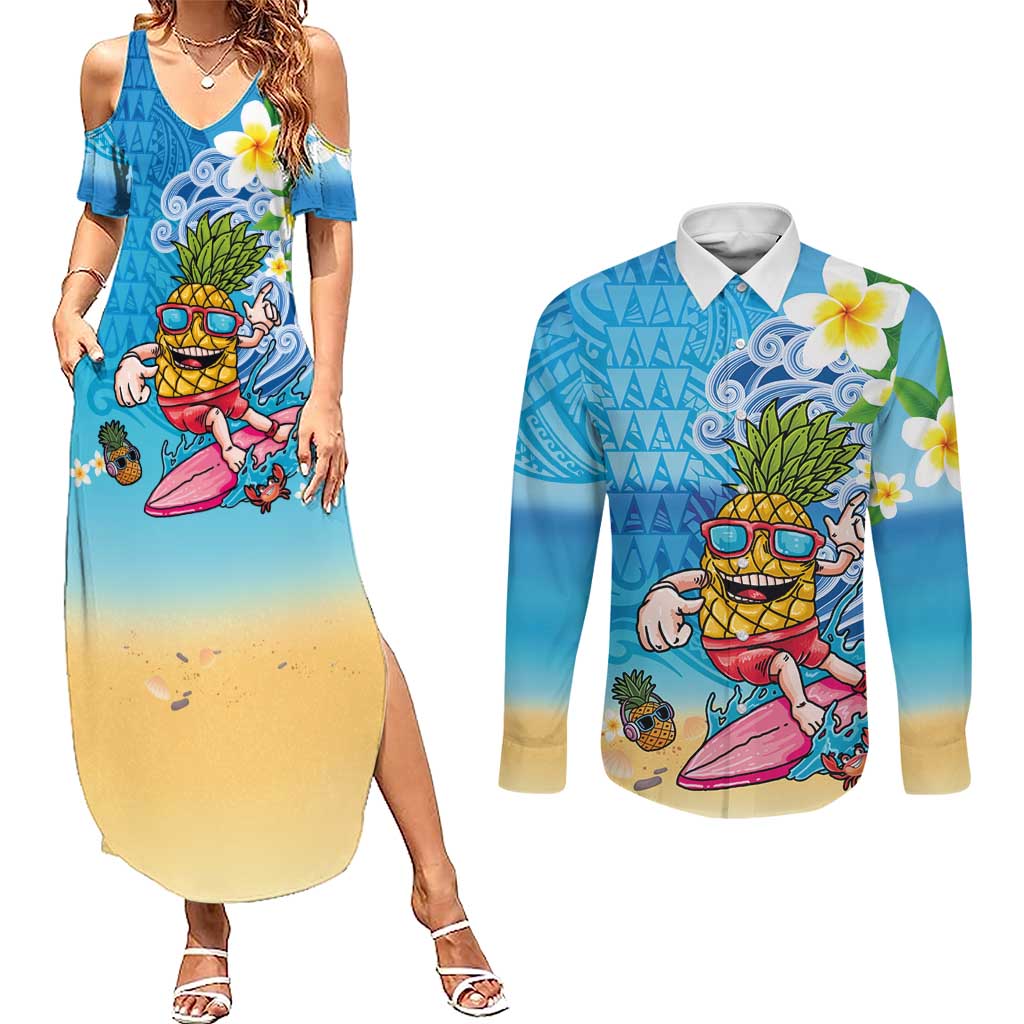 Hawaiian Funny Pineapple Surfing Couples Matching Summer Maxi Dress and Long Sleeve Button Shirt Beach with Tribal Kakau and Plumeria LT03 Multicolor - Polynesian Pride