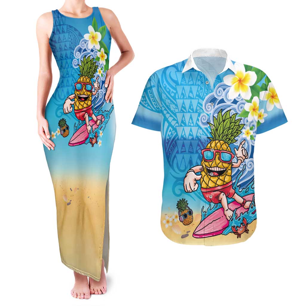 Hawaiian Funny Pineapple Surfing Couples Matching Tank Maxi Dress and Hawaiian Shirt Beach with Tribal Kakau and Plumeria LT03 Multicolor - Polynesian Pride