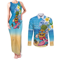 Hawaiian Funny Pineapple Surfing Couples Matching Tank Maxi Dress and Long Sleeve Button Shirt Beach with Tribal Kakau and Plumeria LT03 Multicolor - Polynesian Pride