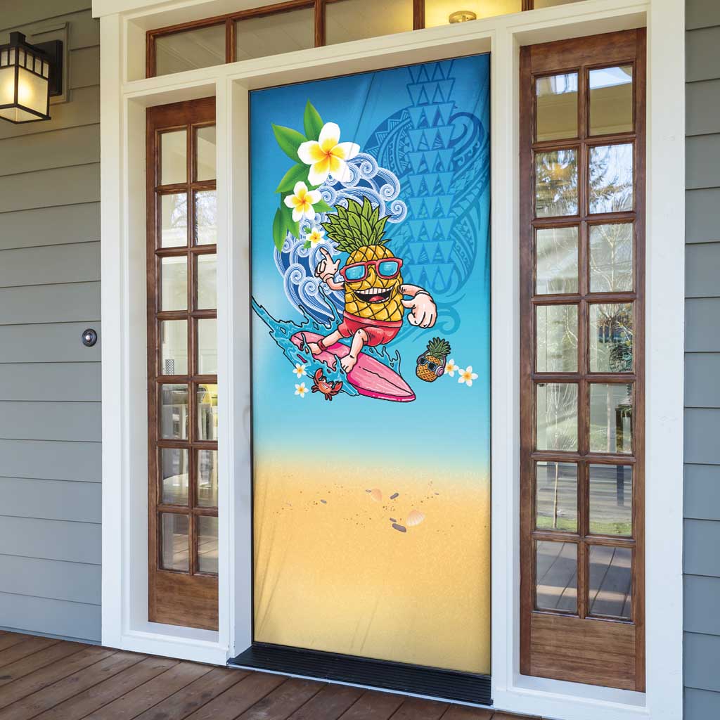 Hawaiian Funny Pineapple Surfing Door Cover Beach with Tribal Kakau and Plumeria
