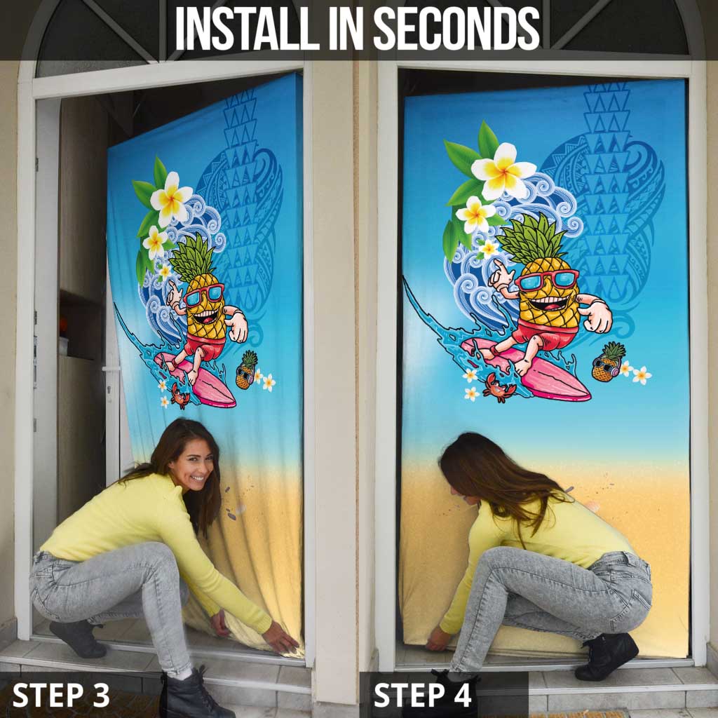 Hawaiian Funny Pineapple Surfing Door Cover Beach with Tribal Kakau and Plumeria
