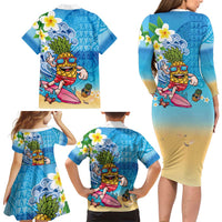 Hawaiian Funny Pineapple Surfing Family Matching Long Sleeve Bodycon Dress and Hawaiian Shirt Beach with Tribal Kakau and Plumeria LT03 - Polynesian Pride
