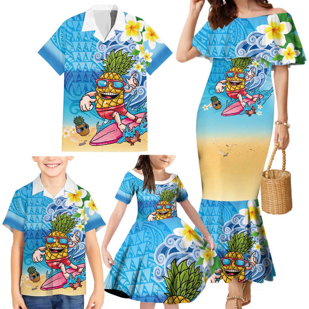 Hawaiian Funny Pineapple Surfing Family Matching Mermaid Dress and Hawaiian Shirt Beach with Tribal Kakau and Plumeria