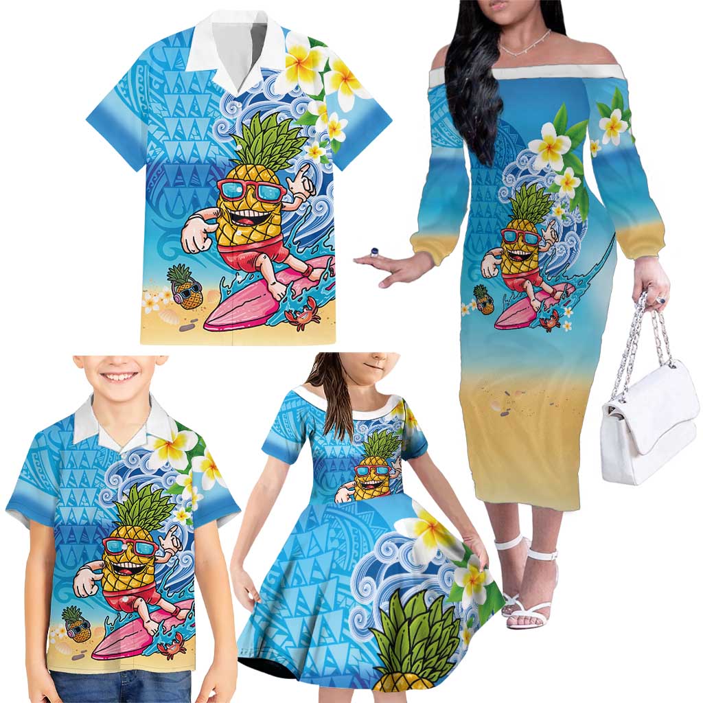 Hawaiian Funny Pineapple Surfing Family Matching Off The Shoulder Long Sleeve Dress and Hawaiian Shirt Beach with Tribal Kakau and Plumeria