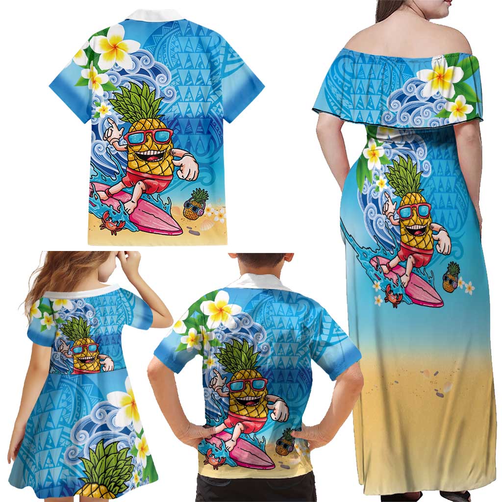 Hawaiian Funny Pineapple Surfing Family Matching Off Shoulder Maxi Dress and Hawaiian Shirt Beach with Tribal Kakau and Plumeria LT03 - Polynesian Pride