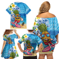 Hawaiian Funny Pineapple Surfing Family Matching Off Shoulder Short Dress and Hawaiian Shirt Beach with Tribal Kakau and Plumeria LT03 - Polynesian Pride
