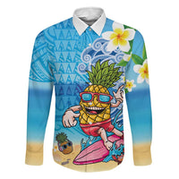 Hawaiian Funny Pineapple Surfing Family Matching Puletasi and Hawaiian Shirt Beach with Tribal Kakau and Plumeria LT03 Dad's Shirt - Long Sleeve Multicolor - Polynesian Pride