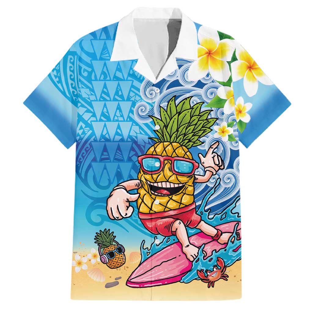 Hawaiian Funny Pineapple Surfing Family Matching Short Sleeve Bodycon Dress and Hawaiian Shirt Beach with Tribal Kakau and Plumeria LT03 Dad's Shirt - Short Sleeve Multicolor - Polynesian Pride