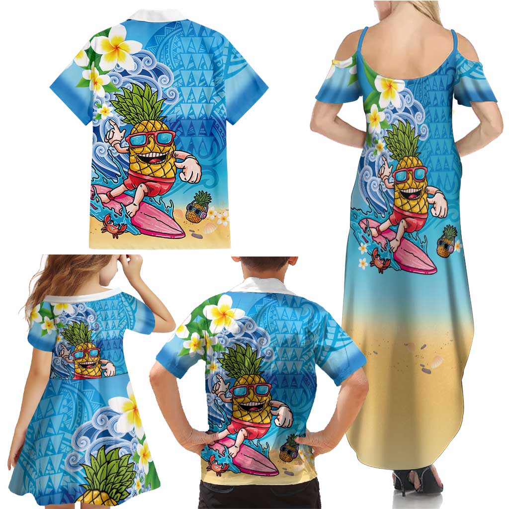 Hawaiian Funny Pineapple Surfing Family Matching Summer Maxi Dress and Hawaiian Shirt Beach with Tribal Kakau and Plumeria LT03 - Polynesian Pride