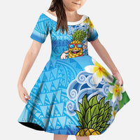 Hawaiian Funny Pineapple Surfing Family Matching Tank Maxi Dress and Hawaiian Shirt Beach with Tribal Kakau and Plumeria LT03 Daughter's Dress Multicolor - Polynesian Pride