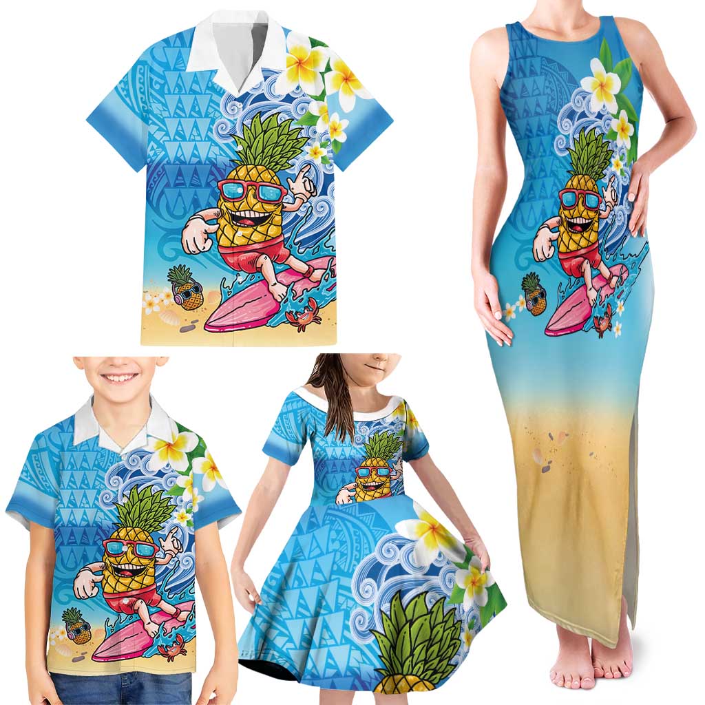Hawaiian Funny Pineapple Surfing Family Matching Tank Maxi Dress and Hawaiian Shirt Beach with Tribal Kakau and Plumeria LT03 - Polynesian Pride