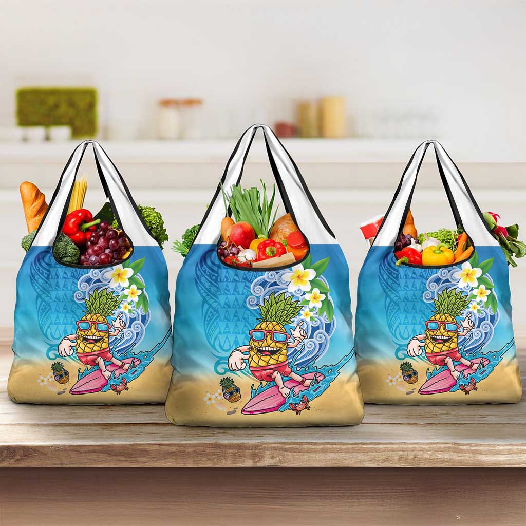 Hawaiian Funny Pineapple Surfing Grocery Bag Beach with Tribal Kakau and Plumeria