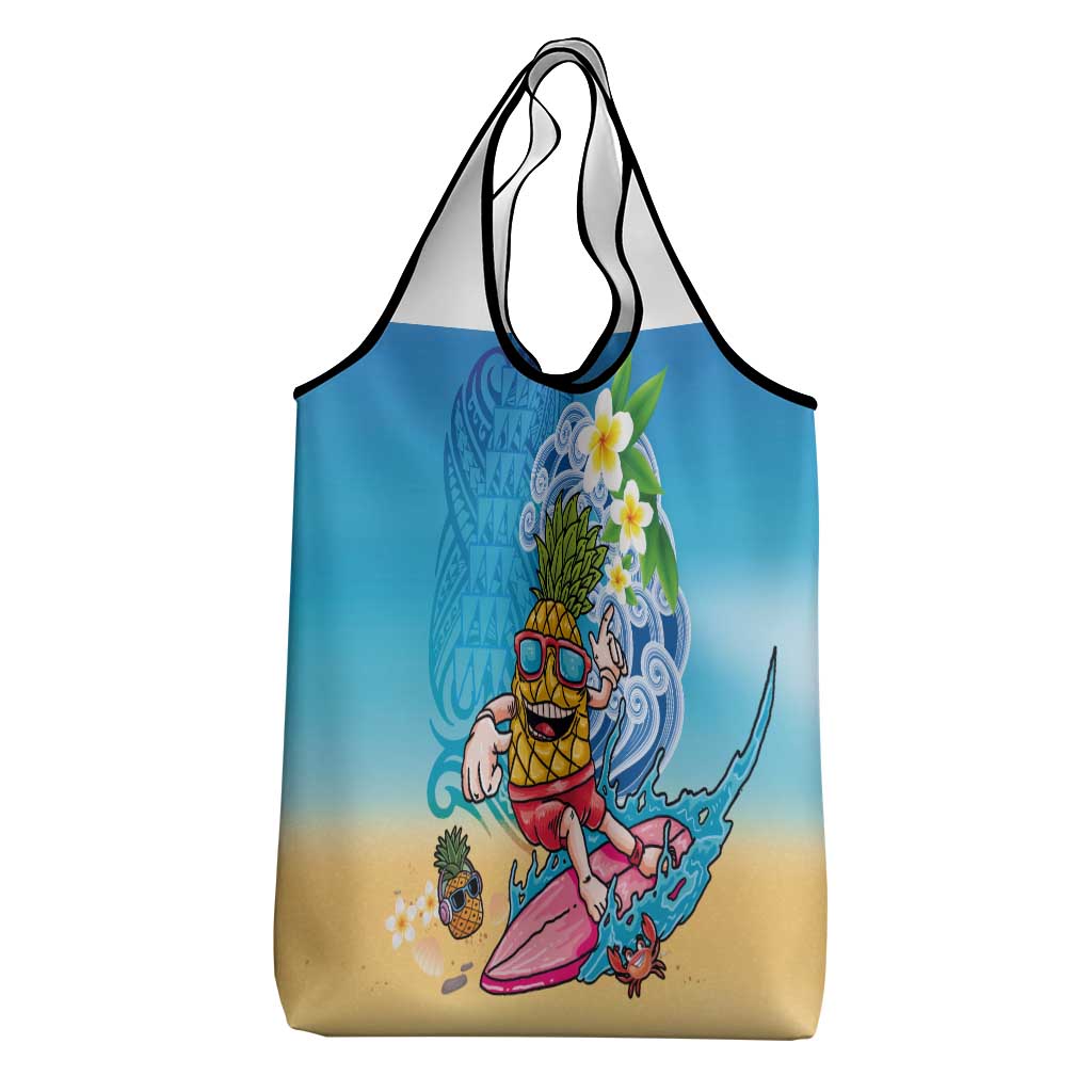 Hawaiian Funny Pineapple Surfing Grocery Bag Beach with Tribal Kakau and Plumeria