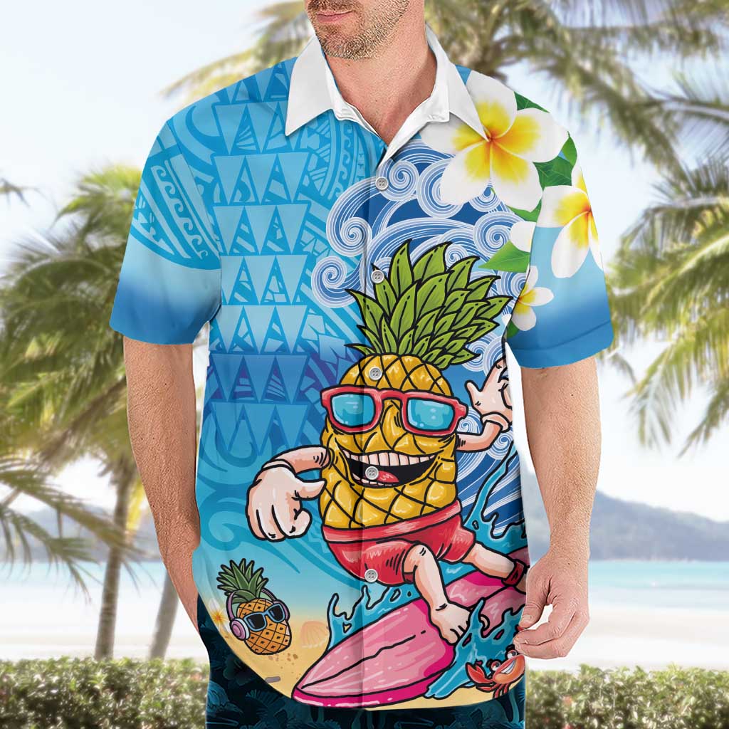 Hawaiian Funny Pineapple Surfing Hawaiian Shirt Beach with Tribal Kakau and Plumeria