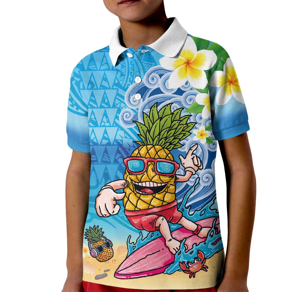 Hawaiian Funny Pineapple Surfing Kid Polo Shirt Beach with Tribal Kakau and Plumeria LT03 Kid Multicolor - Polynesian Pride