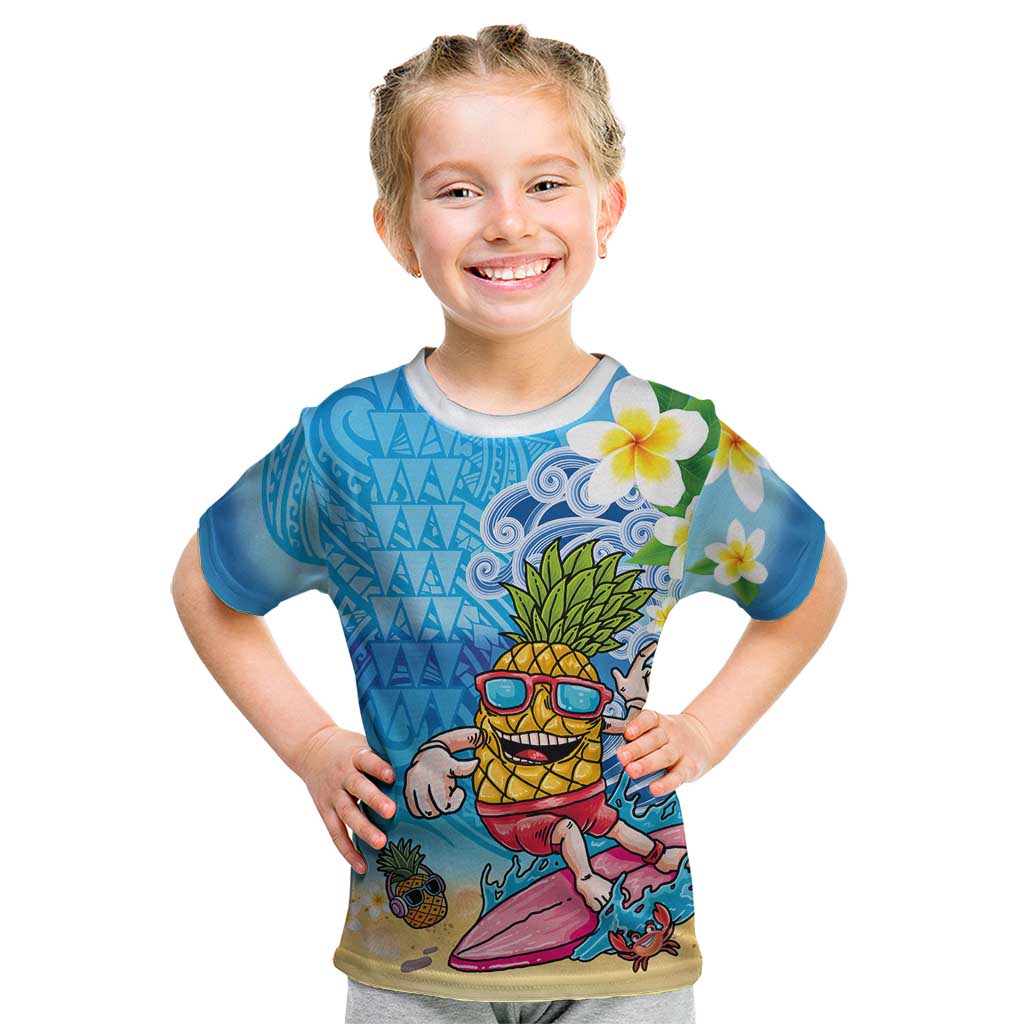 Hawaiian Funny Pineapple Surfing Kid T Shirt Beach with Tribal Kakau and Plumeria
