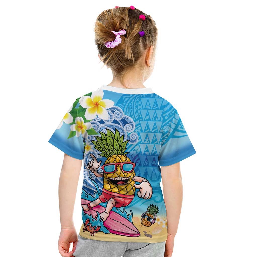 Hawaiian Funny Pineapple Surfing Kid T Shirt Beach with Tribal Kakau and Plumeria