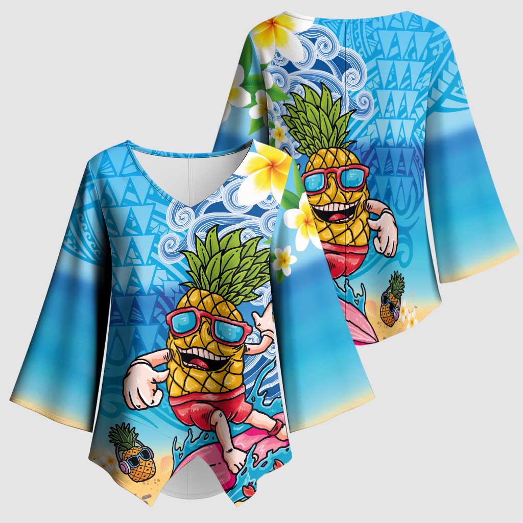 Hawaiian Funny Pineapple Surfing Kimono Sleeve Blouse Beach with Tribal Kakau and Plumeria