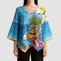 Hawaiian Funny Pineapple Surfing Kimono Sleeve Blouse Beach with Tribal Kakau and Plumeria