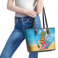 Hawaiian Funny Pineapple Surfing Leather Tote Bag Beach with Tribal Kakau and Plumeria