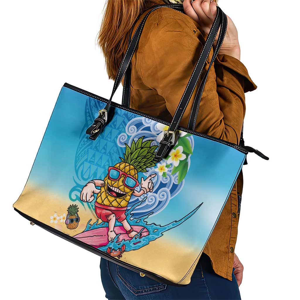 Hawaiian Funny Pineapple Surfing Leather Tote Bag Beach with Tribal Kakau and Plumeria