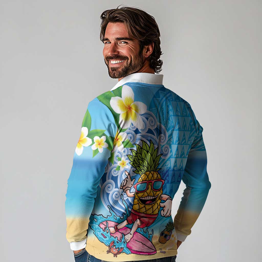 Hawaiian Funny Pineapple Surfing Long Sleeve Polo Shirt Beach with Tribal Kakau and Plumeria