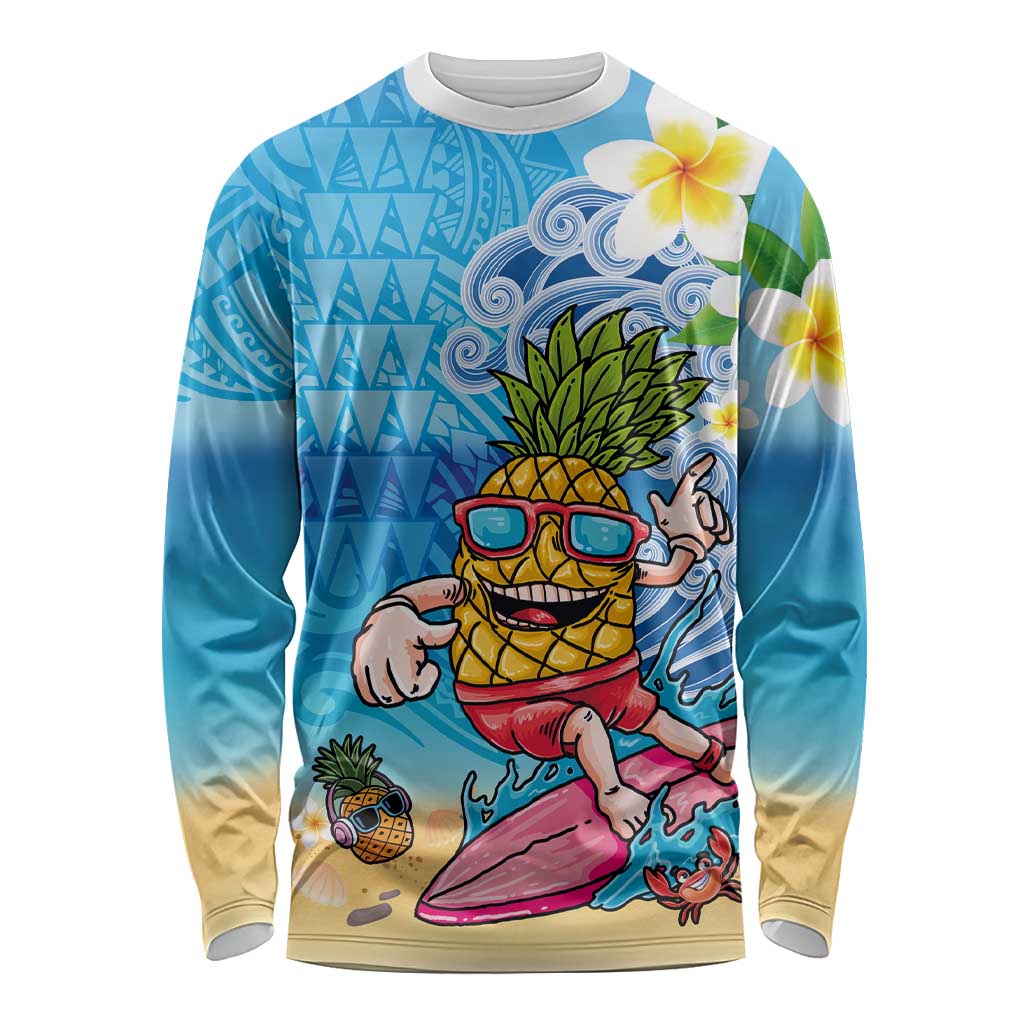 Hawaiian Funny Pineapple Surfing Long Sleeve Shirt Beach with Tribal Kakau and Plumeria