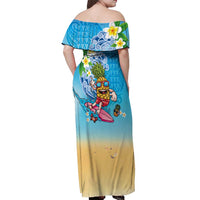 Hawaiian Funny Pineapple Surfing Off Shoulder Maxi Dress Beach with Tribal Kakau and Plumeria