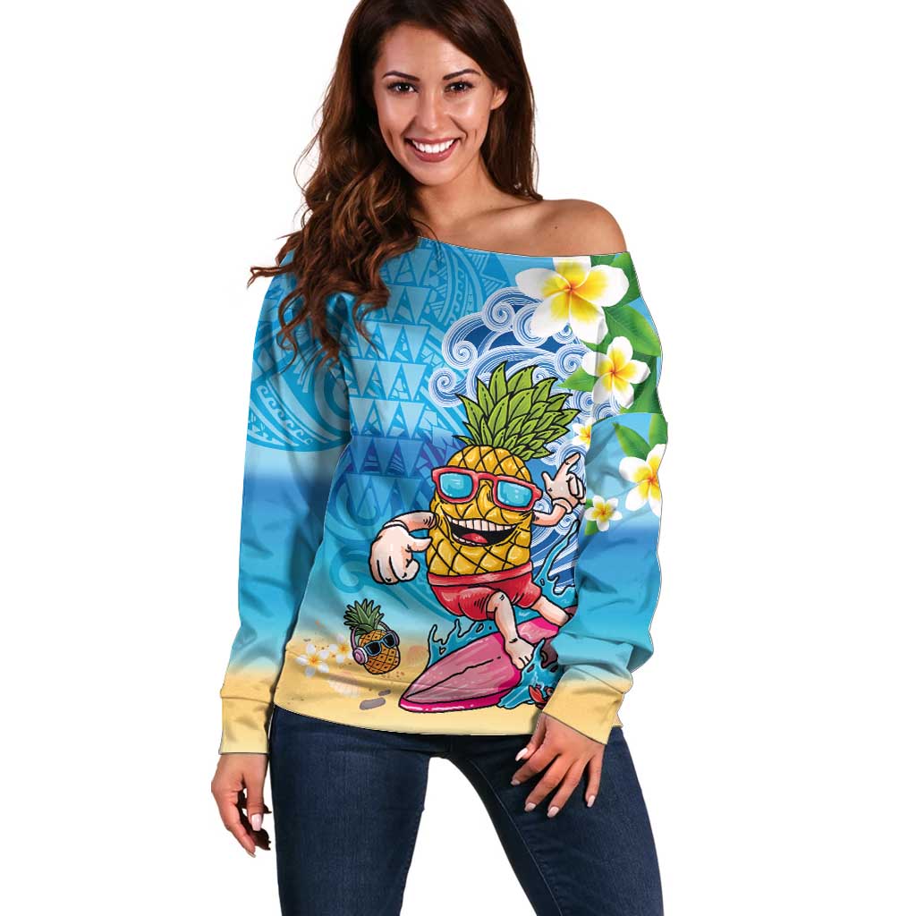 Hawaiian Funny Pineapple Surfing Off Shoulder Sweater Beach with Tribal Kakau and Plumeria