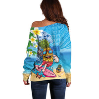 Hawaiian Funny Pineapple Surfing Off Shoulder Sweater Beach with Tribal Kakau and Plumeria