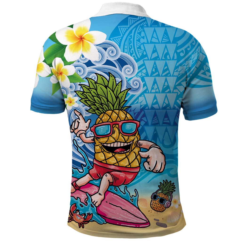 Hawaiian Funny Pineapple Surfing Polo Shirt Beach with Tribal Kakau and Plumeria