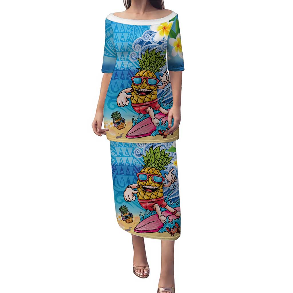 Hawaiian Funny Pineapple Surfing Puletasi Beach with Tribal Kakau and Plumeria