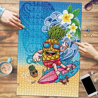 Hawaiian Funny Pineapple Surfing Puzzle Beach with Tribal Kakau and Plumeria