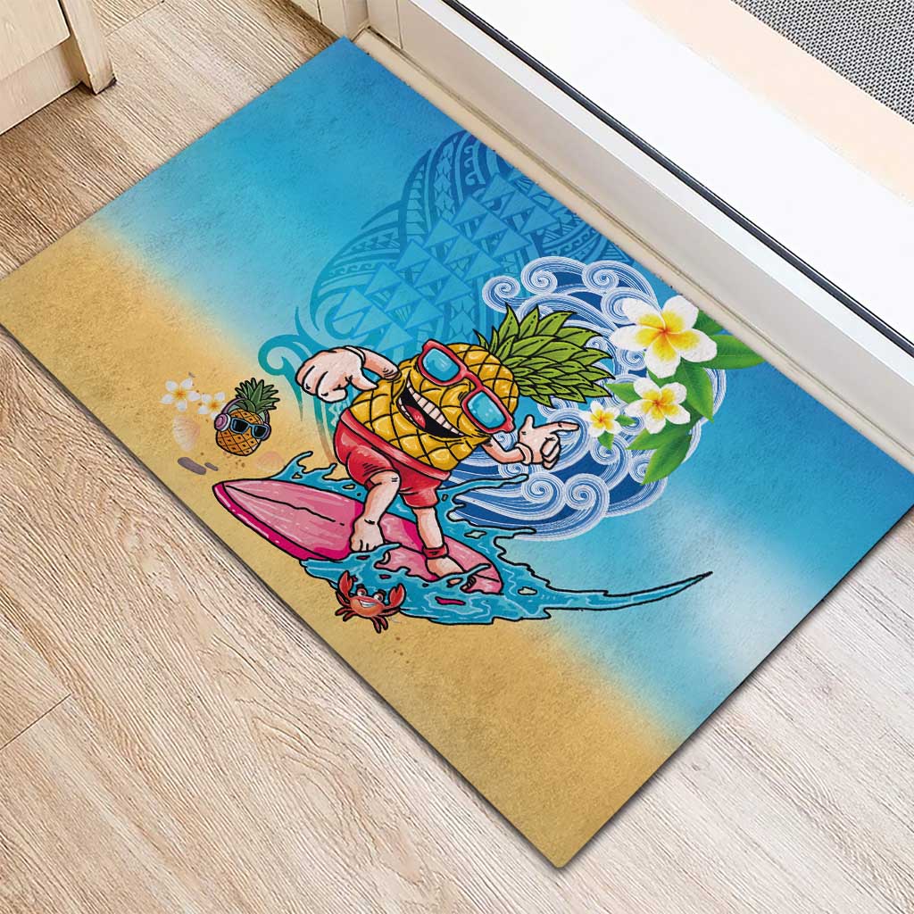 Hawaiian Funny Pineapple Surfing Rubber Doormat Beach with Tribal Kakau and Plumeria