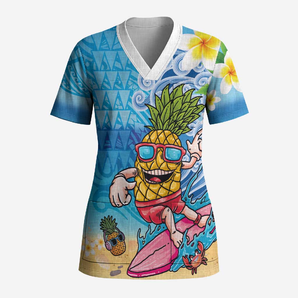 Hawaiian Funny Pineapple Surfing Scrub Top Beach with Tribal Kakau and Plumeria