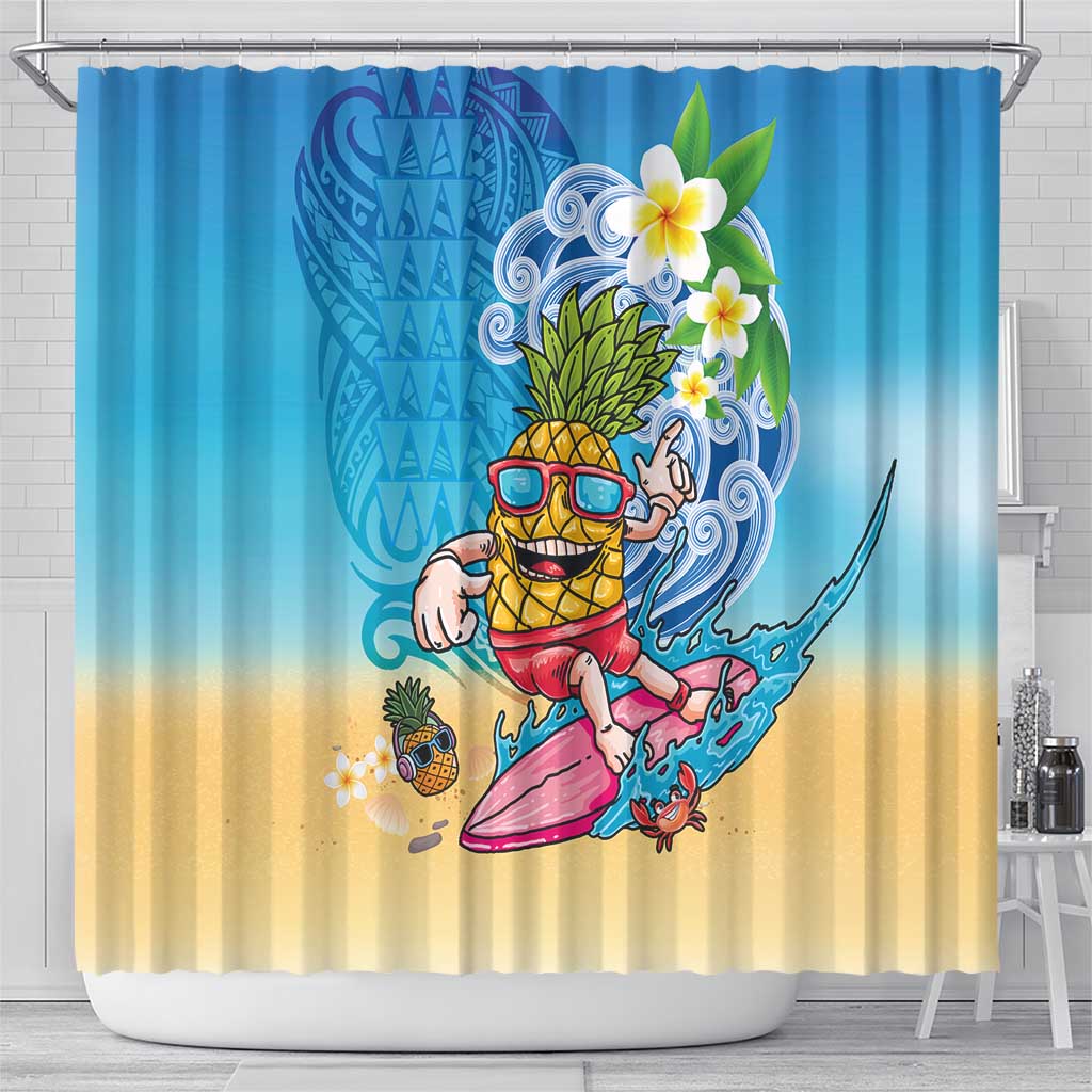 Hawaiian Funny Pineapple Surfing Shower Curtain Beach with Tribal Kakau and Plumeria