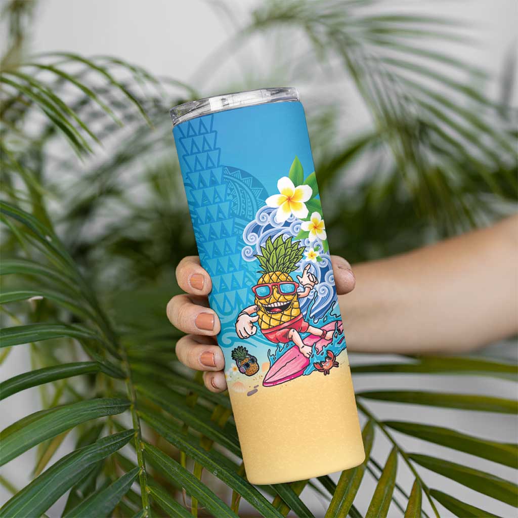 Hawaiian Funny Pineapple Surfing Skinny Tumbler Beach with Tribal Kakau and Plumeria LT03 - Polynesian Pride